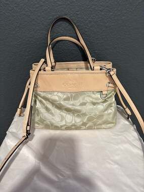 Coach Madison Signature Satin Drawstring Satchel Bag Champagne Beige